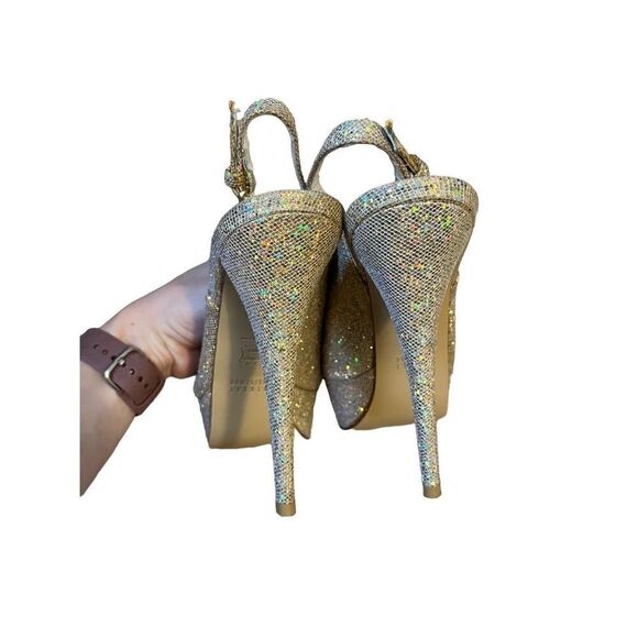 Stuart Weitzman Vevey Gold Glitter Platform Heels Slingback size 8.5 - Picture 12 of 14